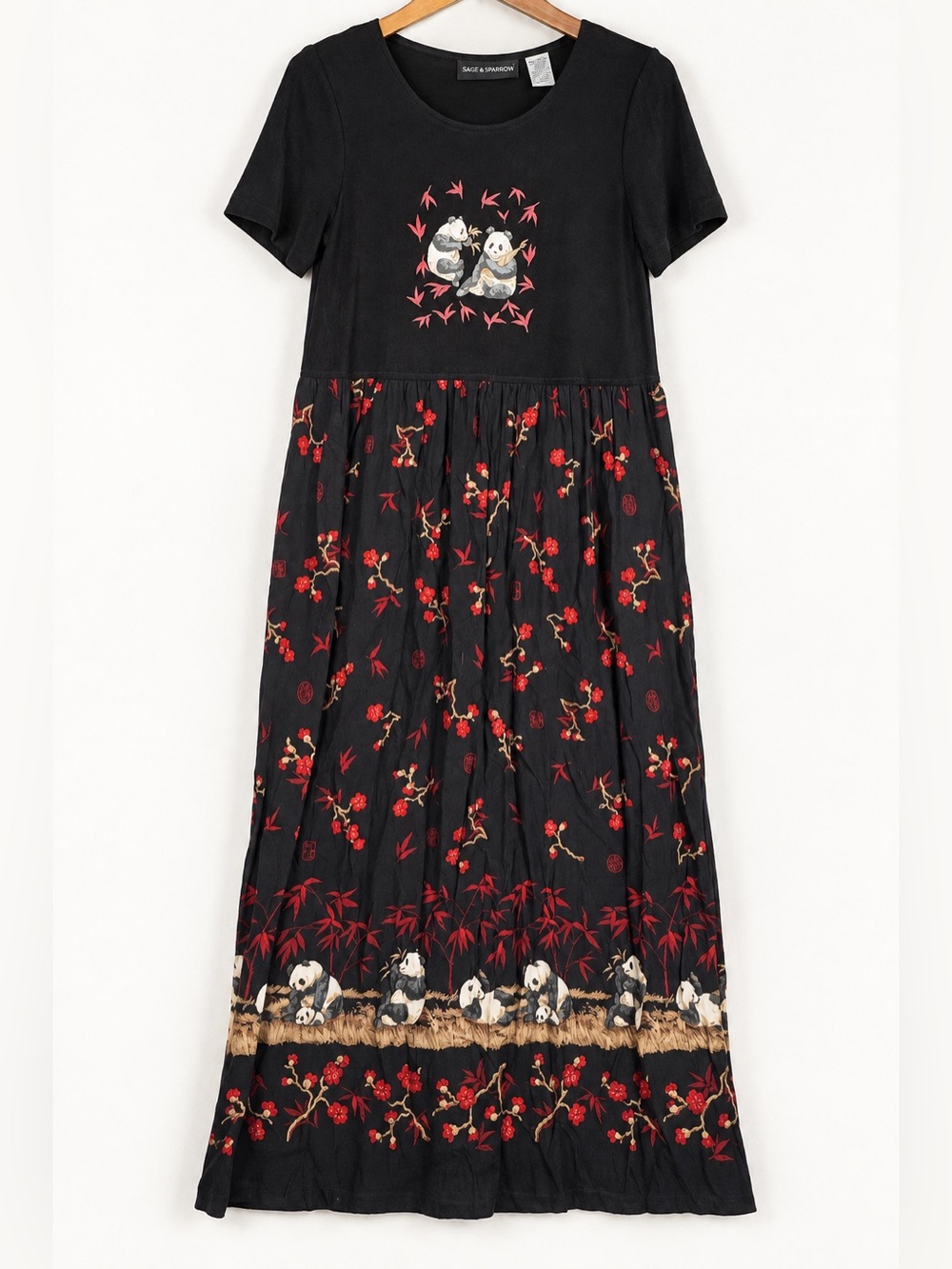 Vintage 90s Panda Maxi Dress Black Red Floral Rayon 8 Petite